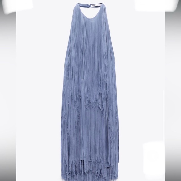 ZARA Blue Fringe Halter Mini Dress NWT - Picture 2 of 15
